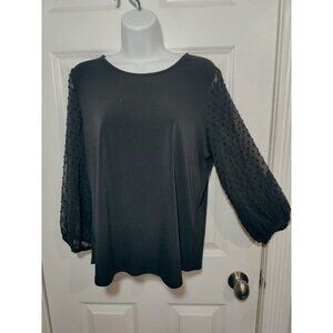 Adrianna Papell Black Swiss Dot Long Sheer Sleeve Blouse M